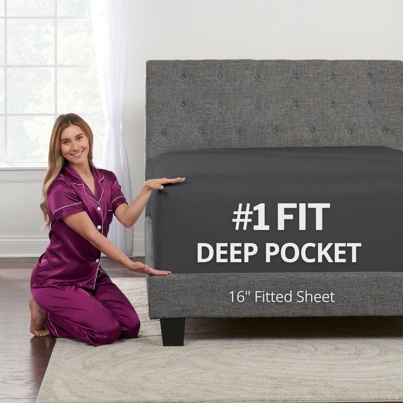 DeaLuxe Kids Twin Fitted Sheet Only - Real 16  Twin Deep Pocket Fitted Sheet Fit Perfectly 14 -18  Deep Mattress & Toppers - Lovely Twin Fitted Sheets - 1 Piece Fitted Bed Sheets Fitted Sheet Twin Dark Grey - Image 1