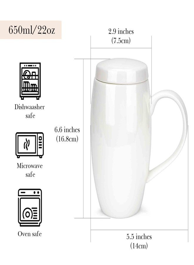 Linkidea 22oz Extra Large Fine Bone China Coffee Mug with Lid, Oversized Coffee Cups with Handles, Big Teacups for Office and Home, Microwave and Dishwasher Safe, White - Image 2