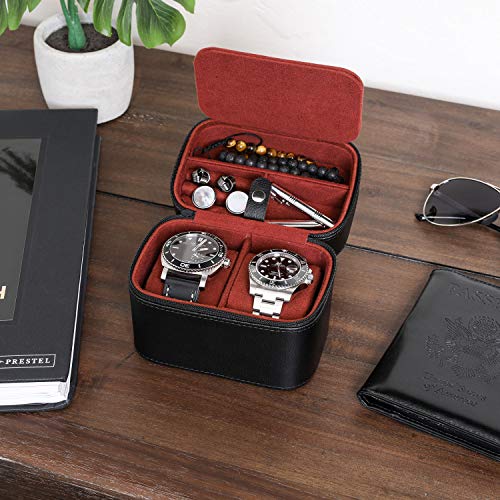 ROTHWELL 2 Watch Travel Case Storage Organizer for 2 Watches | Tough Portable Protection w/Zipper Fits All Wristwatches & Smart Watches Up to 50mm (Black/Red) - Image 4
