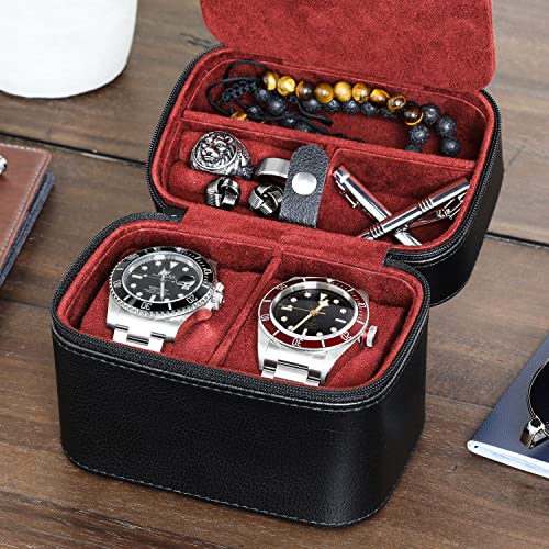 ROTHWELL 2 Watch Travel Case Storage Organizer for 2 Watches | Tough Portable Protection w/Zipper Fits All Wristwatches & Smart Watches Up to 50mm (Black/Red) - Image 3