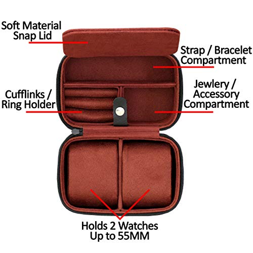 ROTHWELL 2 Watch Travel Case Storage Organizer for 2 Watches | Tough Portable Protection w/Zipper Fits All Wristwatches & Smart Watches Up to 50mm (Black/Red) - Image 2