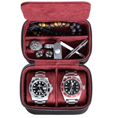 ROTHWELL 2 Watch Travel Case Storage Organizer for 2 Watches | Tough Portable Protection w/Zipper Fits All Wristwatches & Smart Watches Up to 50mm (Black/Red) - Image 1