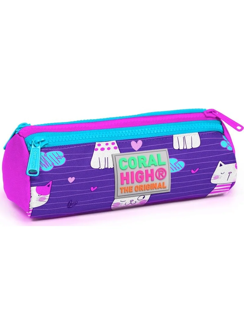 CORAL HIGH Kids Purple Cat Patterned Three Compartment Pencil Bag 22304