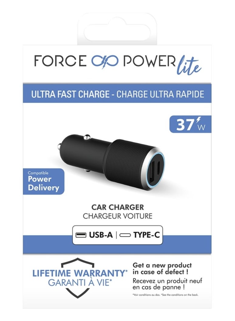 FORCE Force Power Lite Dual 37W 12 & 25W USB A and C PD Power Delivery Car Charger Lifetime Warranty Black  - Image 1