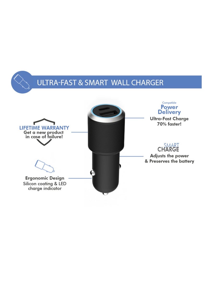 FORCE Force Power Lite Dual 37W 12 & 25W USB A and C PD Power Delivery Car Charger Lifetime Warranty Black  - Image 2