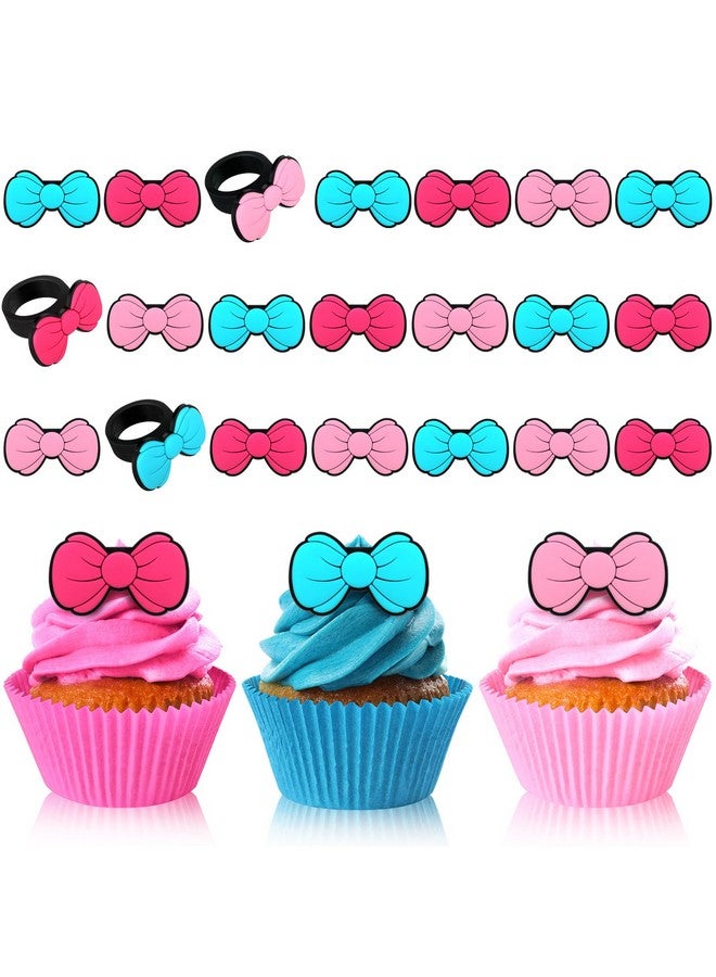 Honeydak 48 Pcs Kitty Cupcake Ring Kawaii Birthday Decorations Pink Blue Cartoon Cat Cake Topper Ring Bow Cupcake Topper Birthday Party Decorations for Girls Kitten Theme Party  - Image 1