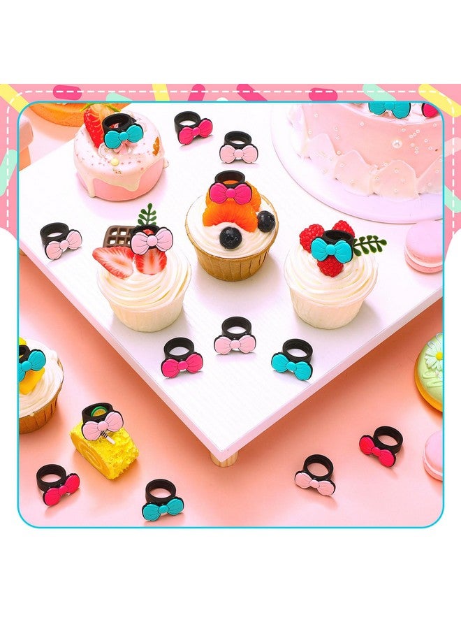 Honeydak 48 Pcs Kitty Cupcake Ring Kawaii Birthday Decorations Pink Blue Cartoon Cat Cake Topper Ring Bow Cupcake Topper Birthday Party Decorations for Girls Kitten Theme Party  - Image 4