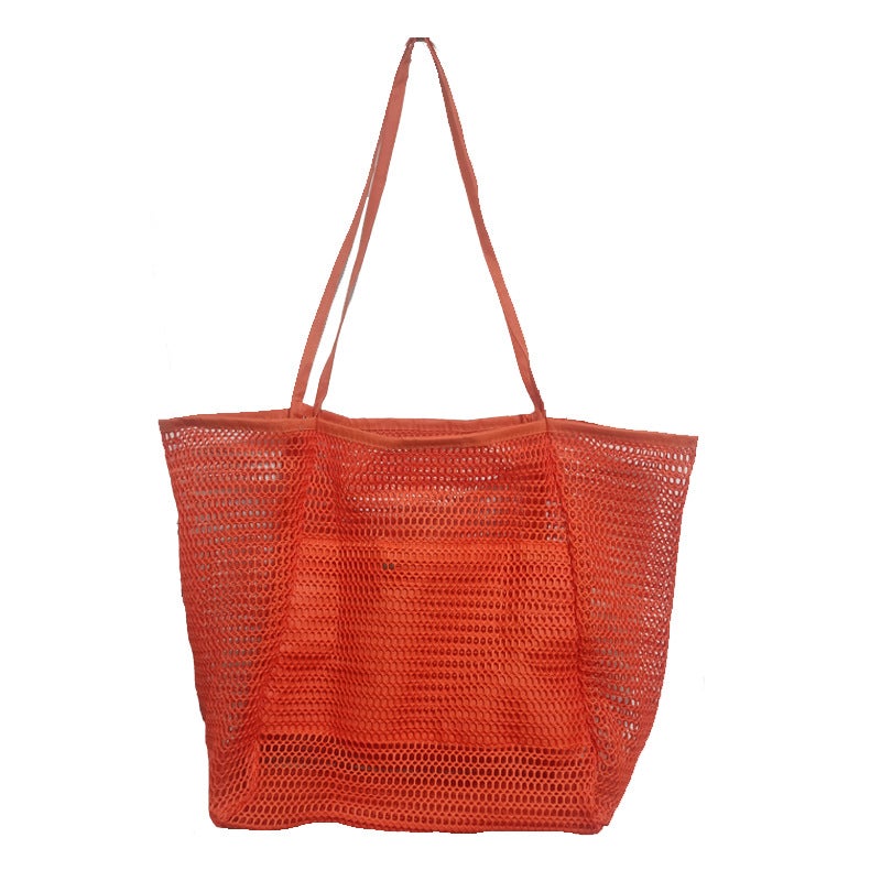 Multi-functional Casual Large Shoulder Shopping Bag Outdoor Swimming Beach Bag Breathable Visual Mesh Tote Bag Storage Bag Orange 