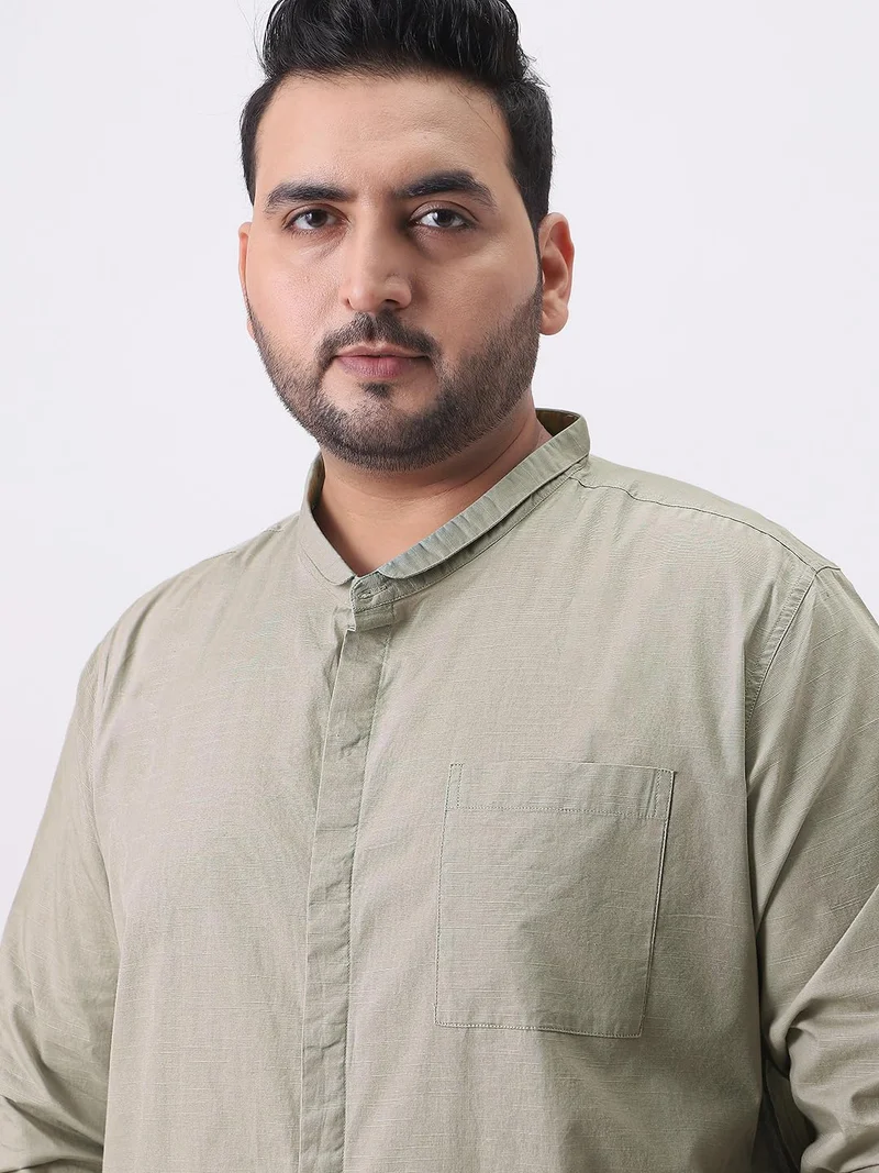 Urbano Fashion  Urbano Plus Men's Light Olive Cotton Full Sleeve Regular Fit Casual Solid Shirt with Band Collar  | Best Price UAE