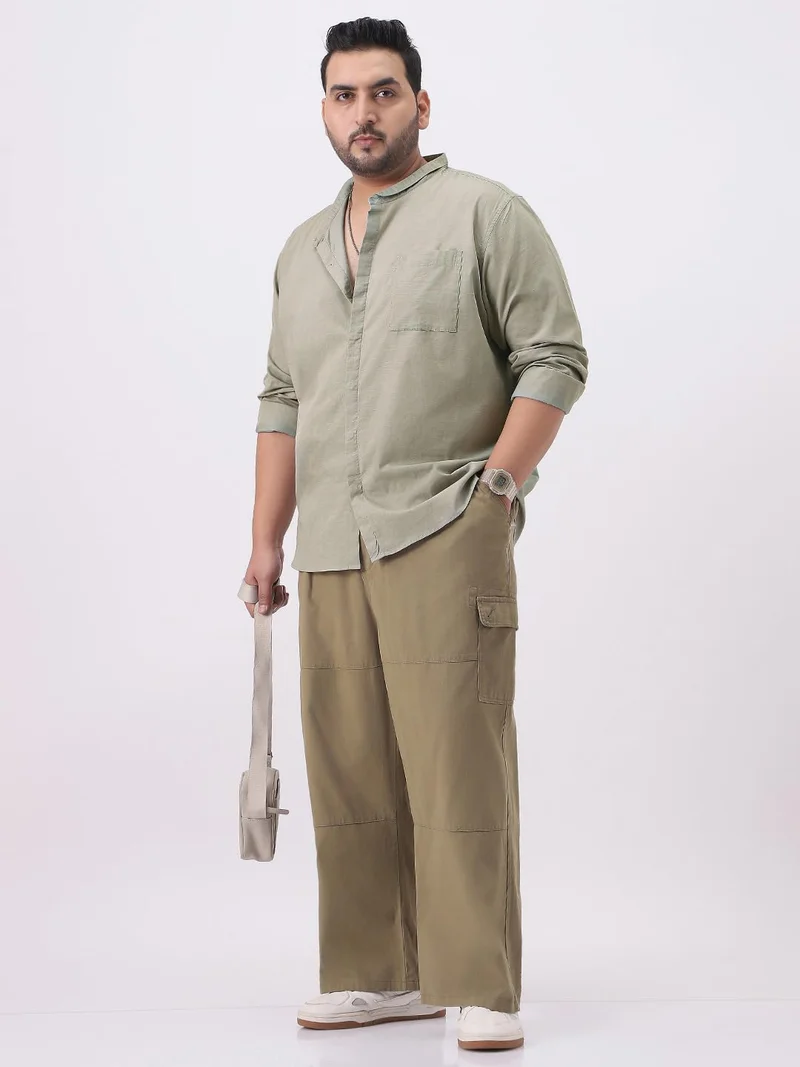 Urbano Fashion  Urbano Plus Men's Light Olive Cotton Full Sleeve Regular Fit Casual Solid Shirt with Band Collar  | Best Price UAE
