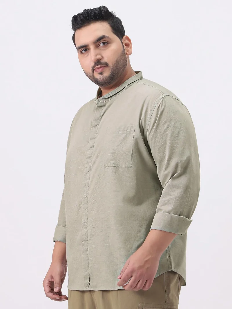Urbano Plus Men's Light Olive Cotton Full Sleeve Regular Fit Casual Solid Shirt with Band Collar