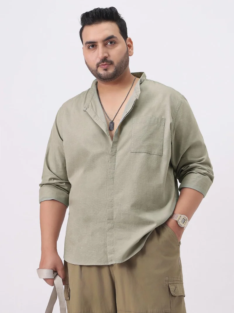 Urbano Fashion  Urbano Plus Men's Light Olive Cotton Full Sleeve Regular Fit Casual Solid Shirt with Band Collar  | Best Price UAE