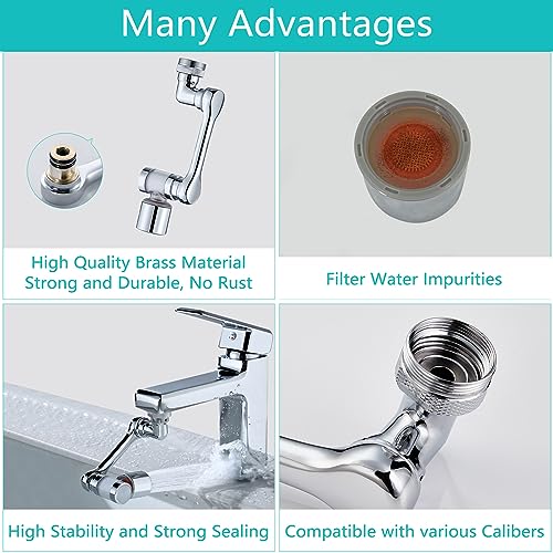 HAPPUP 1080°Swivel Faucet Extender with Filter, Sink Water Faucet Aerator Extension in Brass, Swivel Robotic Arm Bathroom Faucet Extender, Kitchen Rotating Extension with 2 Mode Splash - Image 5
