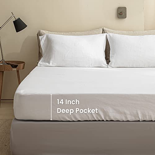 King Linens 100% Linen Fitted Sheet Stone Washed Solid Color - (1 Piece) 14 inch Deep Pocket Mattress Cover Soft Natural Breathable Farmhouse - White, King Size - Image 4