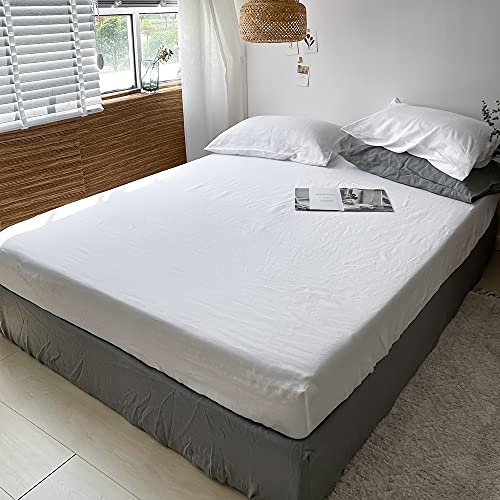 King Linens 100% Linen Fitted Sheet Stone Washed Solid Color - (1 Piece) 14 inch Deep Pocket Mattress Cover Soft Natural Breathable Farmhouse - White, King Size - Image 5