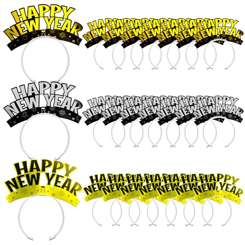 Melisheer 24PCS Happy New Year Headband Aluminum Foil New Years Eve Party Supplies Happy New Year Party Favors Headbands Tiara Accessories in Gold Silver Black for Eve Family Gathering Party Decorations - Image 1