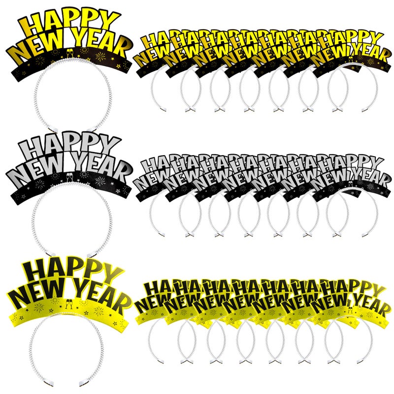 Melisheer 24PCS Happy New Year Headband Aluminum Foil New Years Eve Party Supplies Happy New Year Party Favors Headbands Tiara Accessories in Gold Silver Black for Eve Family Gathering Party Decorations - Image 3