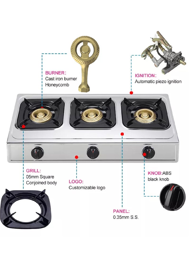 Microplus Three-burner gas stove with automatic ignition and stainless steel surface with a 2-meter gas range - Image 5