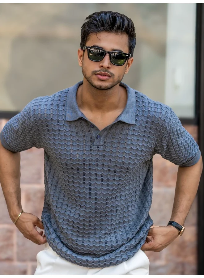 مانياك تيشيرت بولو رجالي بأكمام نصفية من القطن المحبوك المسطح بلون رمادي داكن