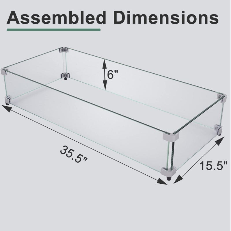 GASPRO 29 x 13 Inch Glass Wind Guard for Rectangular Fire Pit Table, Thick and Sturdy Tempered Glass Panel with Hard Aluminum Corner Bracket & Rubber Feet, Easy to Assemble - Image 2