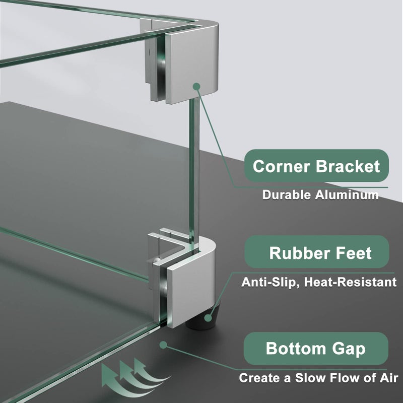 GASPRO 29 x 13 Inch Glass Wind Guard for Rectangular Fire Pit Table, Thick and Sturdy Tempered Glass Panel with Hard Aluminum Corner Bracket & Rubber Feet, Easy to Assemble - Image 4