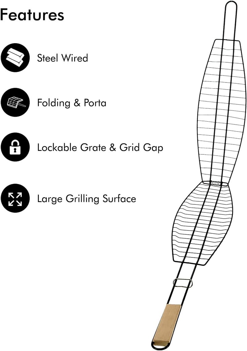 FYCAN Metal Fish Barbecue Basket Nonstick Mesh Clip Wooden Handle Fish Grilled Barbecue Clip Outdoor Barbecue Tool Stainless Steel Grill Rack Roast Folder Tool with Heat Resistant Soft Grip Handle1 - Image 2