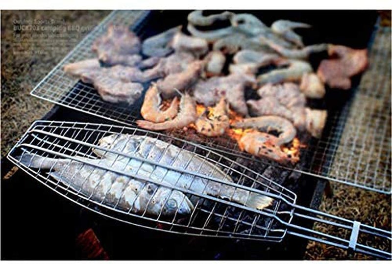 FYCAN Metal Fish Barbecue Basket Nonstick Mesh Clip Wooden Handle Fish Grilled Barbecue Clip Outdoor Barbecue Tool Stainless Steel Grill Rack Roast Folder Tool with Heat Resistant Soft Grip Handle1 - Image 5
