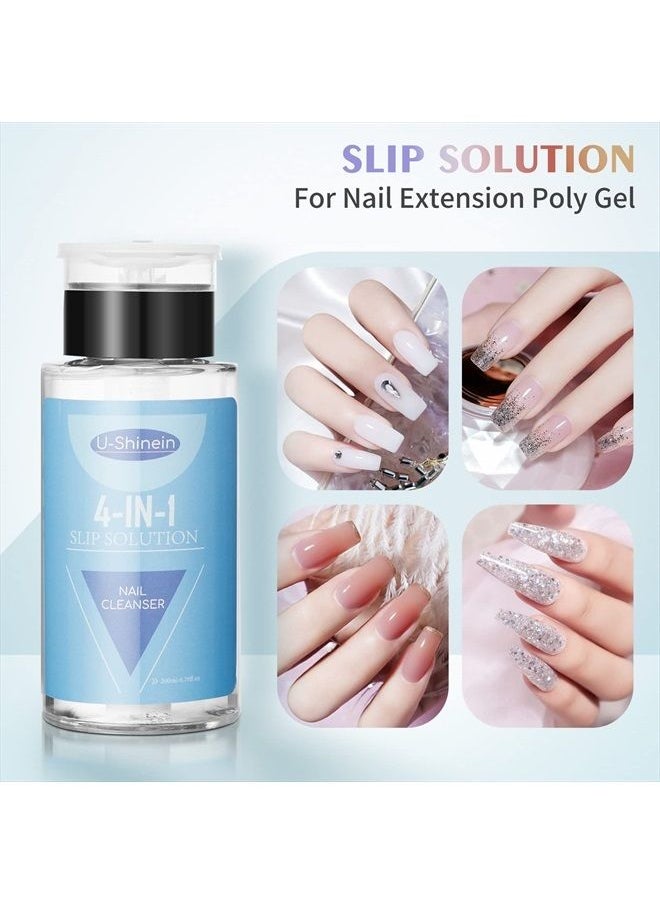 U-Shinein 200ml Nail Slip Solution, 4-in-1 Poly Nail Gel Slip Solution Poly Nail Extension Gel Liquid Slip Solution Builder Gel, Nail Cleaner Liquid Nail Polish Remover with Nail Brush Nail Art  - Image 2