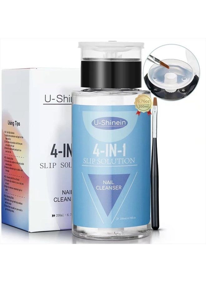 U-Shinein 200ml Nail Slip Solution, 4-in-1 Poly Nail Gel Slip Solution Poly Nail Extension Gel Liquid Slip Solution Builder Gel, Nail Cleaner Liquid Nail Polish Remover with Nail Brush Nail Art  - Image 1