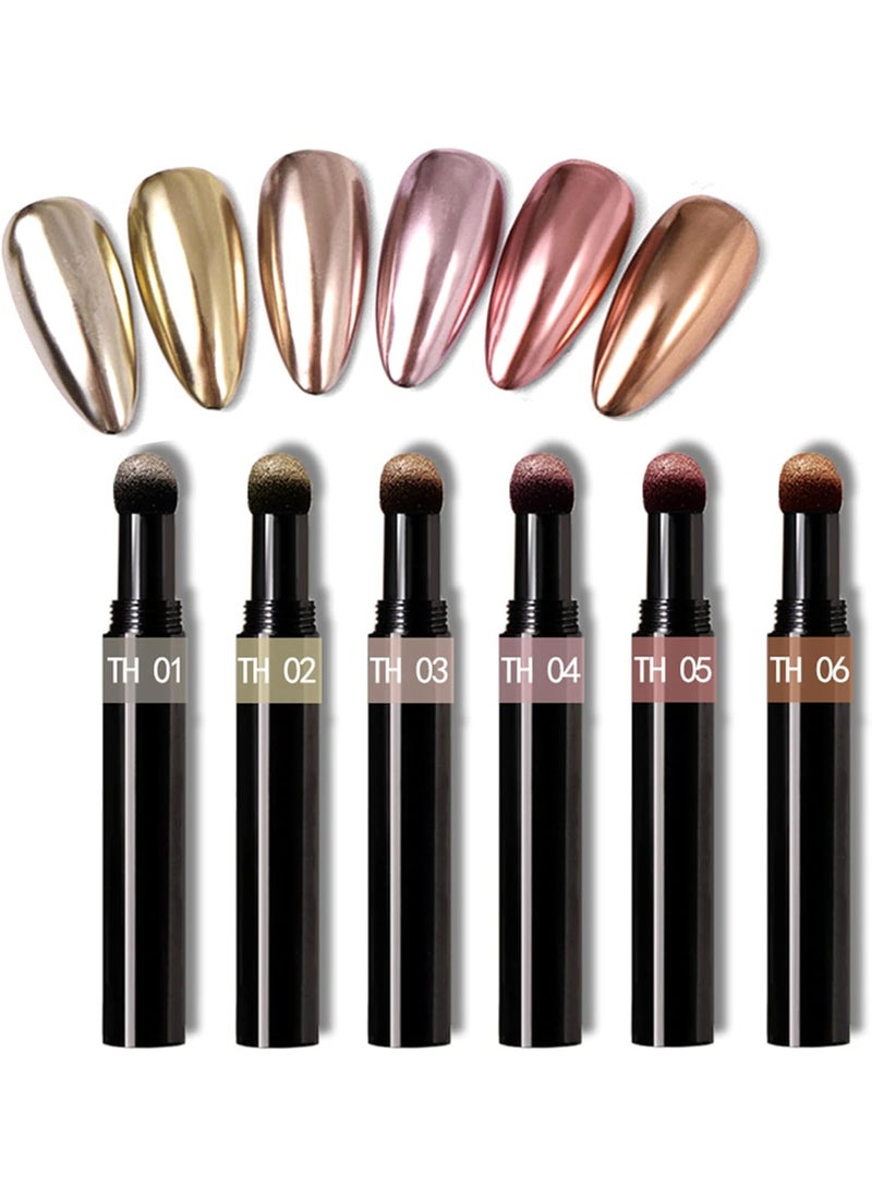 RoseFlower - Rose Gold Chrome Nail Powder PenRoseFlower 6 pcs Metallic Nail Art Pigment Powder Pen Set Shiny Nail Glitter Powder Air Cushion Pen with Magic Mirror Effect for Nail Art Design Decoration - Image 1