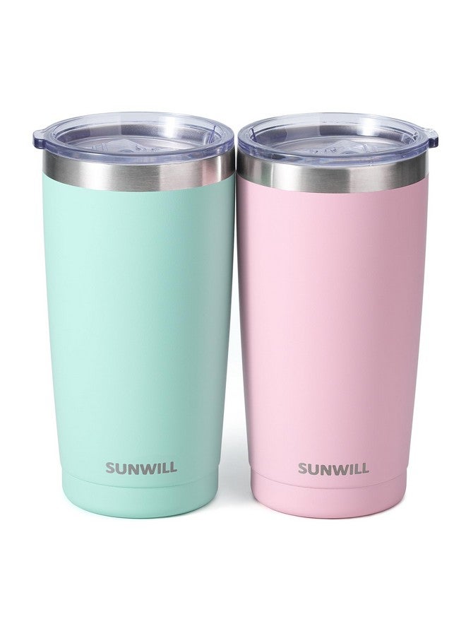SUNWILL Travel Coffee Mug with Lid, 20 oz Tumbler Set of 2, Insulated Stainless Steel Cup for Water, Tea, Powder Coated Sakura & Mint - Image 1