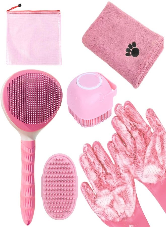 KUEIOX Bath Grooming Kit for Pets - Hair Brush Set with Towel, Washing Gloves, and Shampoo Scrubber Brush for Dogs and Cats (Pink) - Image 1