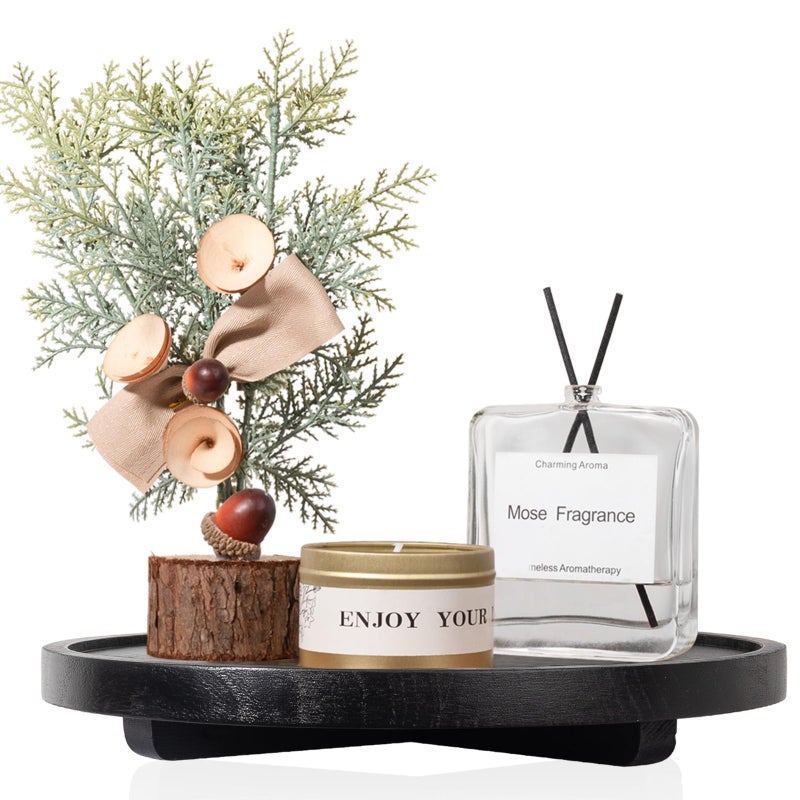Round Decorative Tray Wood Bathroom Counter Organizer Farmhouse Kitchen Decor Wooden Riser for Soap Dish Perfume Candle Sponge 11 Black