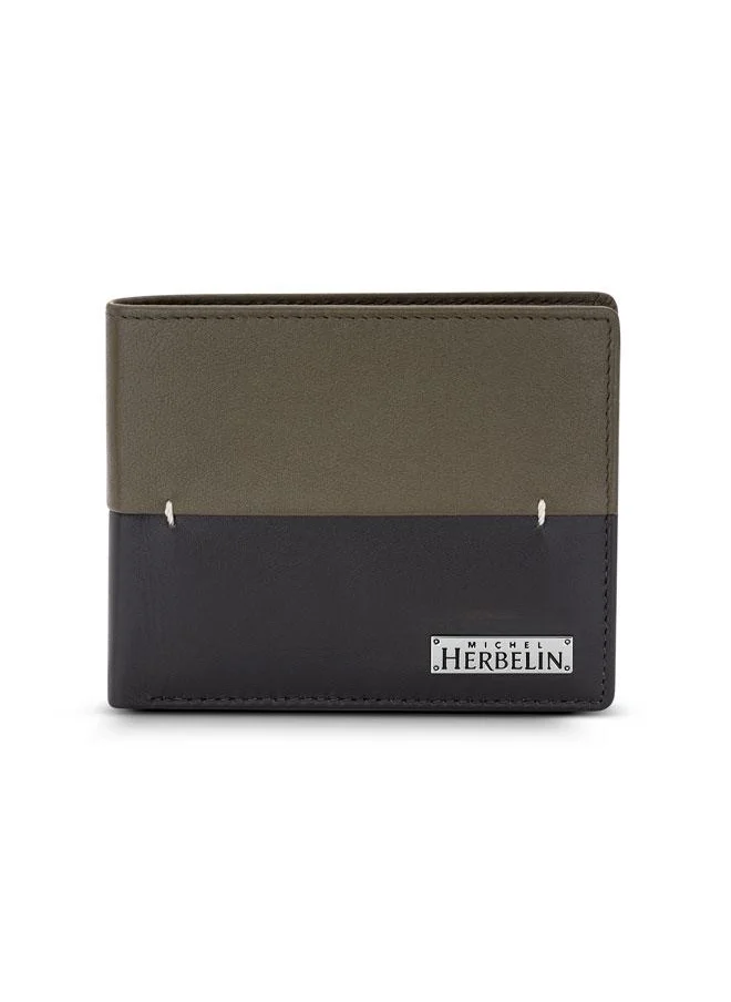 ميشيل هيربيلين Rime Leather Bi-Fold Olive Green & Brown Wallet for Men's