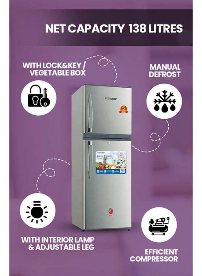 SONASHI Defrost Refrigerator 138L Gross with 93L Fridge & 45L Freezer, Lock & Key, Interior Light, Vegetable Box, Glass & Wire Shelves, Energy Saving, R600a SFD-198 SFD-198 Silver - Image 4