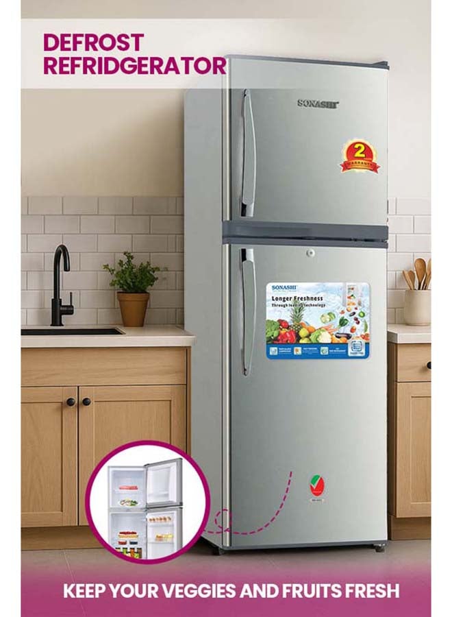 SONASHI Defrost Refrigerator 138L Gross with 93L Fridge & 45L Freezer, Lock & Key, Interior Light, Vegetable Box, Glass & Wire Shelves, Energy Saving, R600a SFD-198 SFD-198 Silver - Image 3