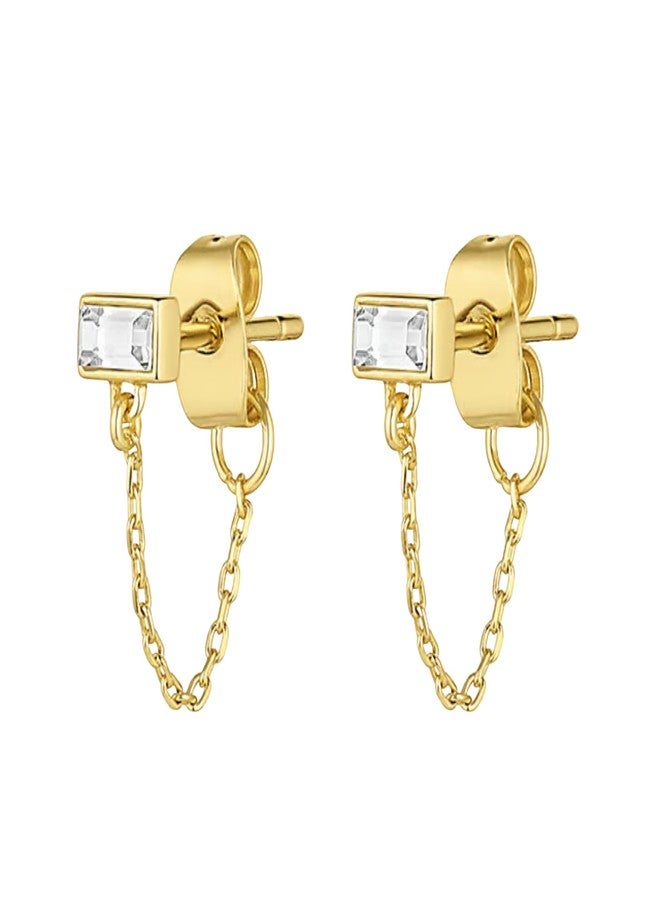gorjana Women's Desi Chain Huggie Earrings, 18k Gold Plated w/White Crystal, Stud Earring w/Chain Dangle - Image 1