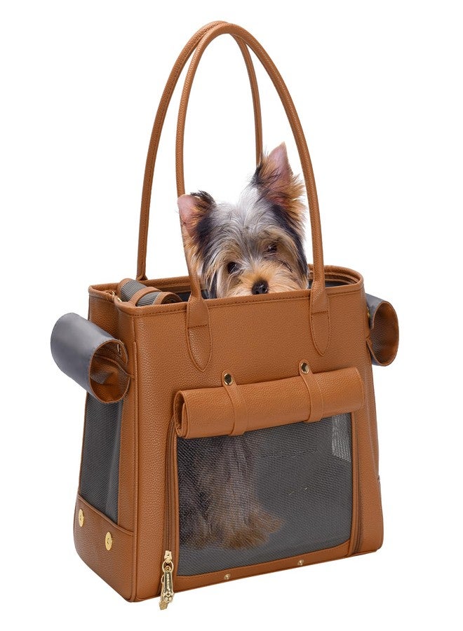 Minsong Fashion Pet Carrier Purse for Small Cat and Dog, Luxury Pu Soft-Sided Tote Bag with Large Pockets for Dogs and Puppies (Brown, 15.8" L x 7.5" W x 11.8" H) - Image 1