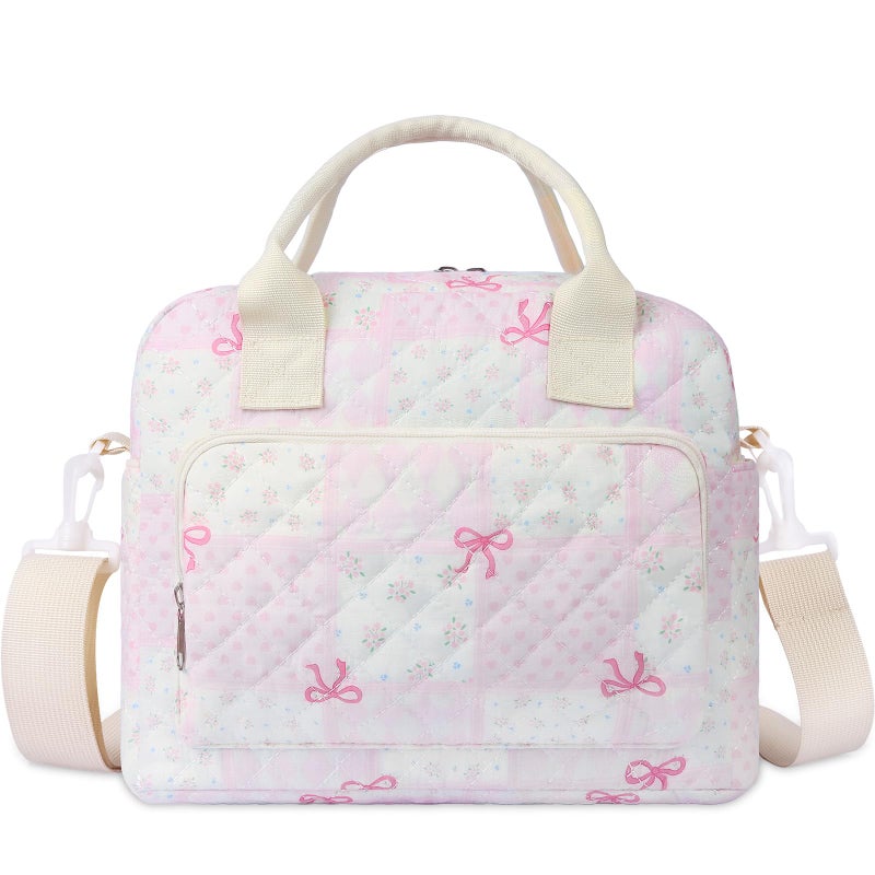 shiprabags Quilted Lunch Box for Women Large Insulated Lunch Bag for AdultElegant Pink Bow Cute Portable Tote Bags for Work Travel Beach Picnic Pink Bow Grid Pattern M - Image 2