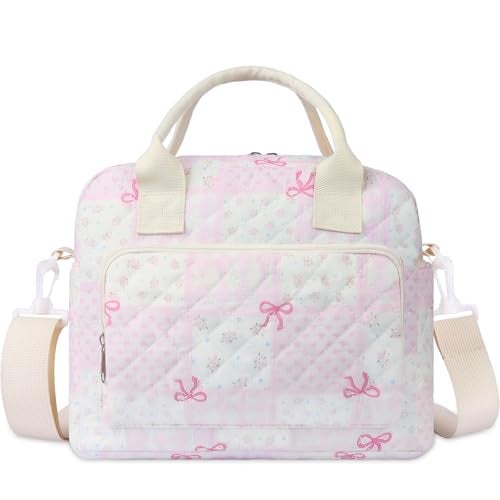 shiprabags Quilted Lunch Box for Women Large Insulated Lunch Bag for AdultElegant Pink Bow Cute Portable Tote Bags for Work Travel Beach Picnic Pink Bow Grid Pattern M - Image 1