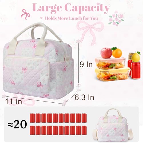 shiprabags Quilted Lunch Box for Women Large Insulated Lunch Bag for AdultElegant Pink Bow Cute Portable Tote Bags for Work Travel Beach Picnic Pink Bow Grid Pattern M - Image 3
