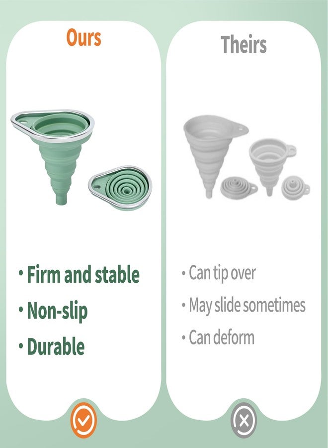BooMetCheer Stainless Steel Rim Small Silicone Collapsible Funnel Set, 2 Pack Mini Kitchen Funnels for Oil Bottles, Sauce, Vinegar, Essential Oils, Food Grade Liquid & Powder Transfer (Green) - Image 2