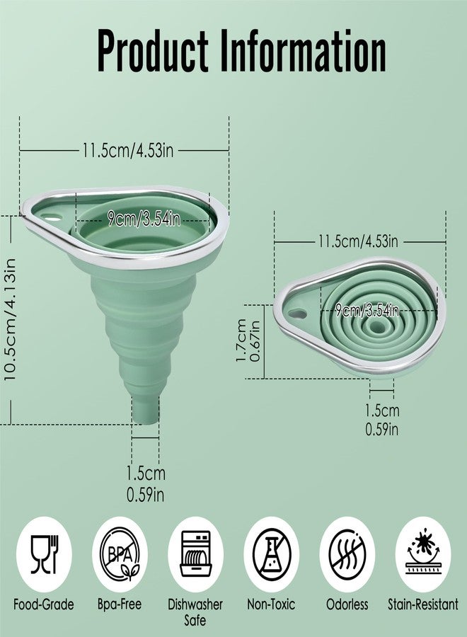 BooMetCheer Stainless Steel Rim Small Silicone Collapsible Funnel Set, 2 Pack Mini Kitchen Funnels for Oil Bottles, Sauce, Vinegar, Essential Oils, Food Grade Liquid & Powder Transfer (Green) - Image 5