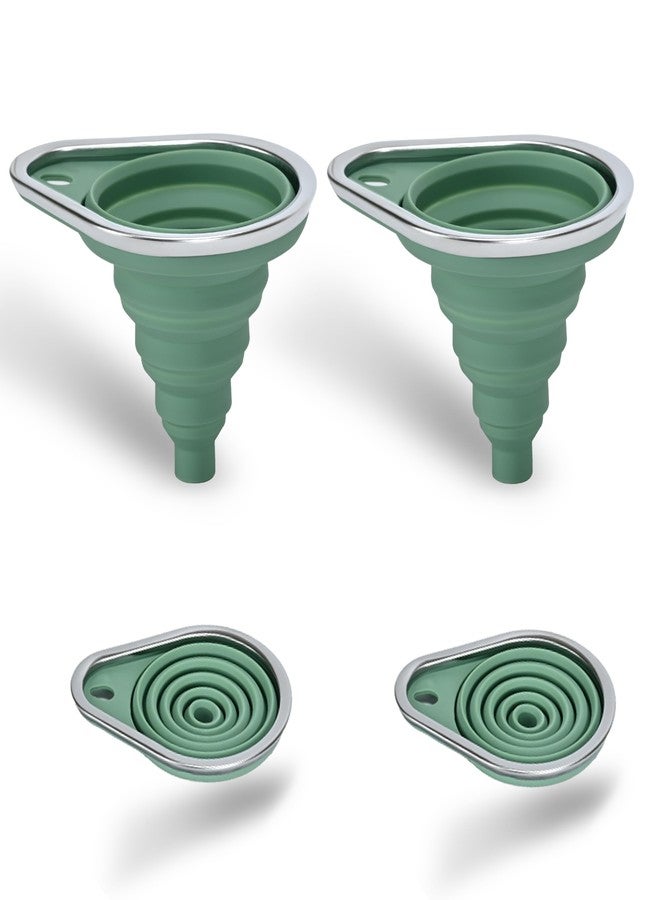 BooMetCheer Stainless Steel Rim Small Silicone Collapsible Funnel Set, 2 Pack Mini Kitchen Funnels for Oil Bottles, Sauce, Vinegar, Essential Oils, Food Grade Liquid & Powder Transfer (Green) - Image 1