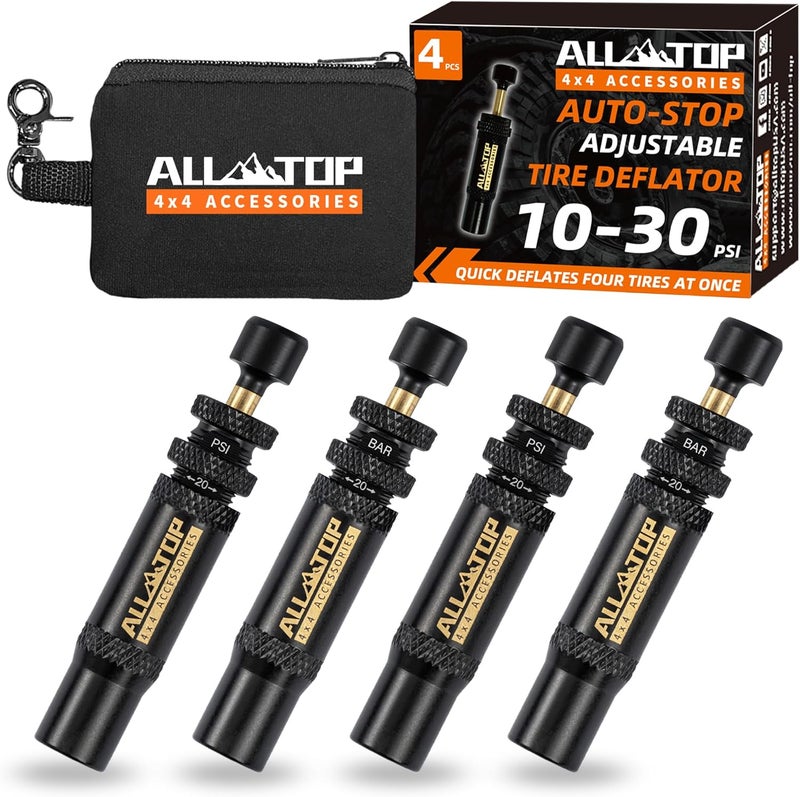 ALL-TOP طقم صمام تفريغ هواء الإطارات القابل للتعديل مع خاصية الإيقاف التلقائي من (10-30 PSI) 4 قطع أداة تفريغ هواء الإطارات اللولبية للطرق الوعرة 4x4 (مع 5 أغطية صمام) - Image 1