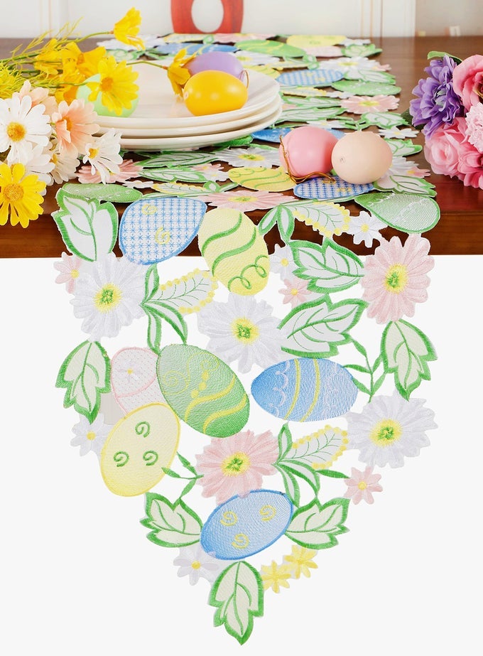 EASTER TABLE RUNNER SPRING BUNNIES EGGS FLOWERY TABLE RUNNER CUTWORK EMBROIDERED FLORAL AND BUNNIES EGGS DRESSER SCARF TABLE TOPPER HOME KITCHEN DINING TABLETOP DECORATION RUNNER 1354 EGG3
