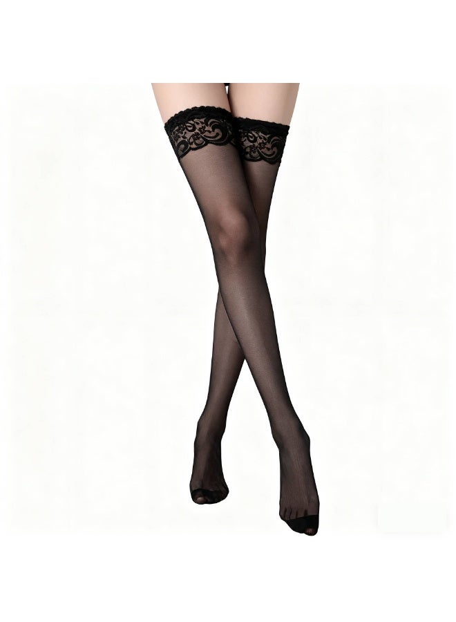 جوارب نسائية طويلة حتى الركبة من سباندكس كور باللون الأسود والأبيض مع حواف من الدانتيل الشبكي بلونين، جوارب طويلة حتى الركبة بتصميم لطيف وجذاب - Image 1