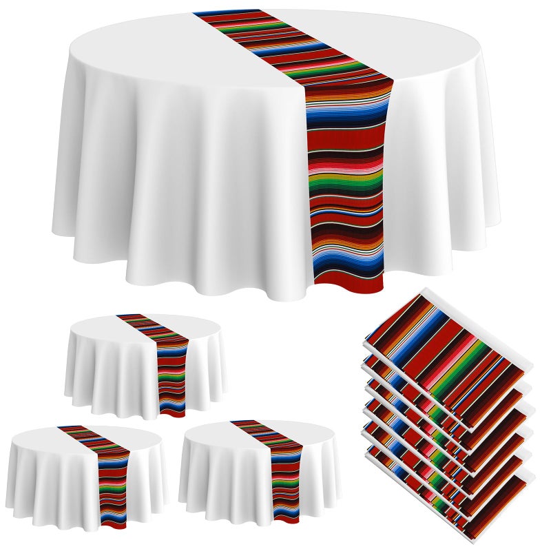 Oudain Oudain Mexican Round Tablecloth 84 Inch Mexican Striped Serape Tablecloth Fiesta Waterproof Table Cloth Table Cover for Cinco De Mayo Carnival Party Dining Table Picnic Buffet(White  6 Pcs)  - Image 1