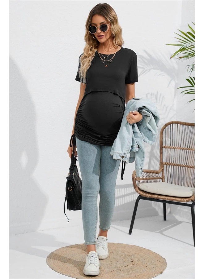 Sosolism 4 in 1 Women's Maternity Nursing T-Shirt Dress for Breastfeeding Solid Short Sleeve Top Black - Image 3