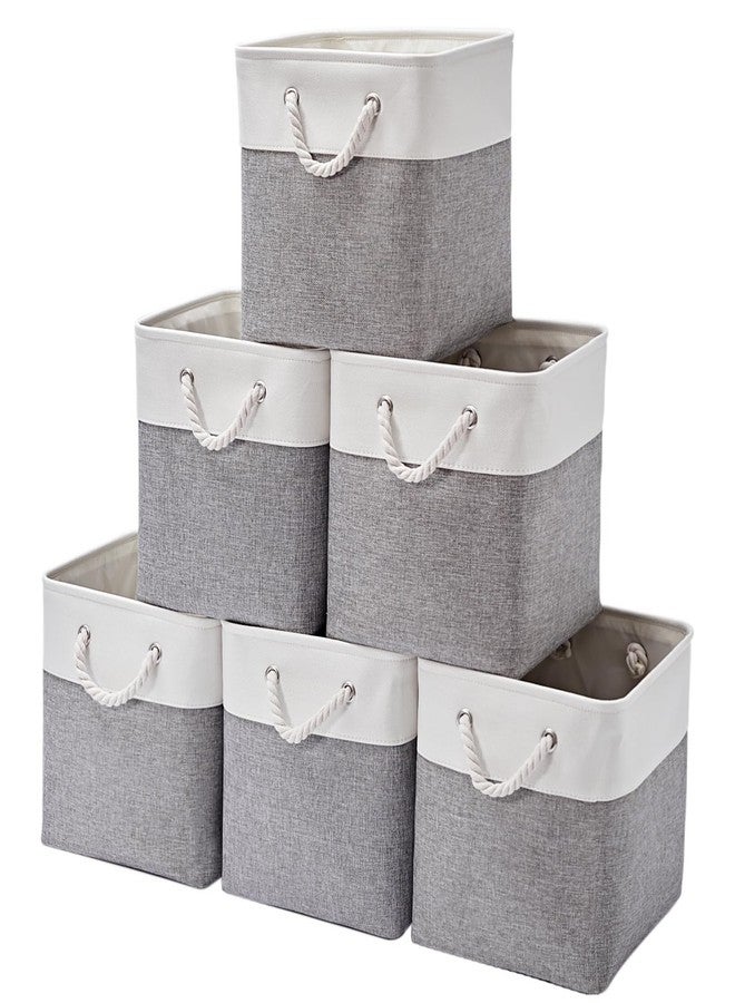 MidmmVick 12 x 12 Inch Cube Storage Bins, 6 Pack Large Collapsible Fabric Storage Bin with Ropes, Foldable Storage Cubes for Home, Office,Closet, Clothes, Toys Organizer (White & Grey) - Image 1